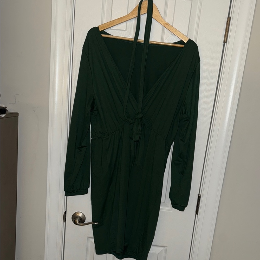 SHEIN Curve Green Ribbed Bodycon Dress with Bishop Sleeves